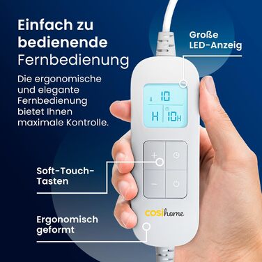 Електрична ковдра Cosi Home 180x130 см з керуванням, захистом від перегріву та 10 рівнями нагріву - Фліс та шерпа, сіра