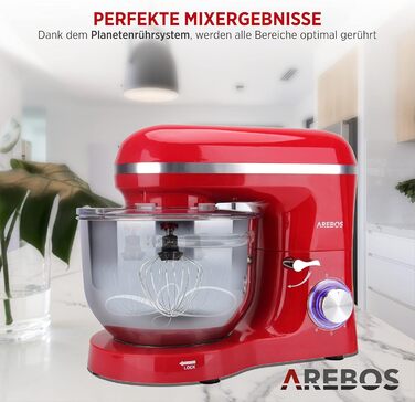 Arebos Kitchen Machine 1500W with 6L Stainless Steel Mixing Bowl | White-Rose Gold | Includes Dough Hook, Beater, Whisk | Splash Guard | 6 Speeds | Stand Mixer | Dough Machine