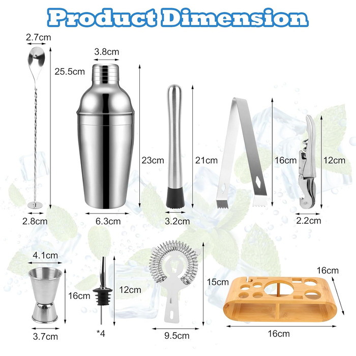 Набір для коктейлів 12 шт. з нержавіючої сталі з барним аксесуаром, 750 мл, повний набір бармена для дому або бару