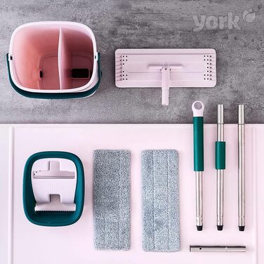 Набір для миття підлоги YORK Wischmopp: відро з віджимом, моп, 2 мікрофібрових насадки, рожево-зелений