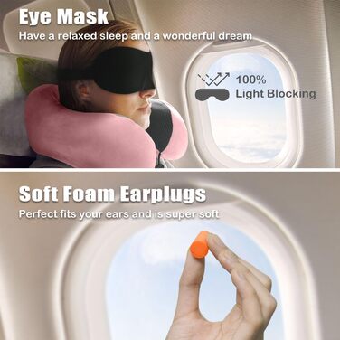 Подушка для шиї у вигляді U, Memory Foam, для подорожей на літаку, авто, в офіс. З маскою для сну та навушниками. Рожева