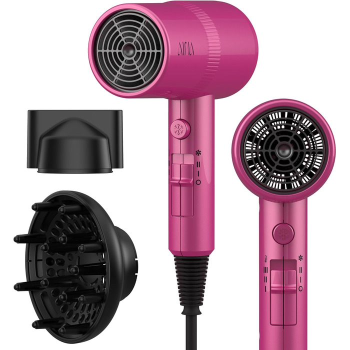 Фен AINA з дифузором, для жінок | Іон-технологія, керамічне покриття, холодний струмінь, 230v~ (неоново-рожевий)