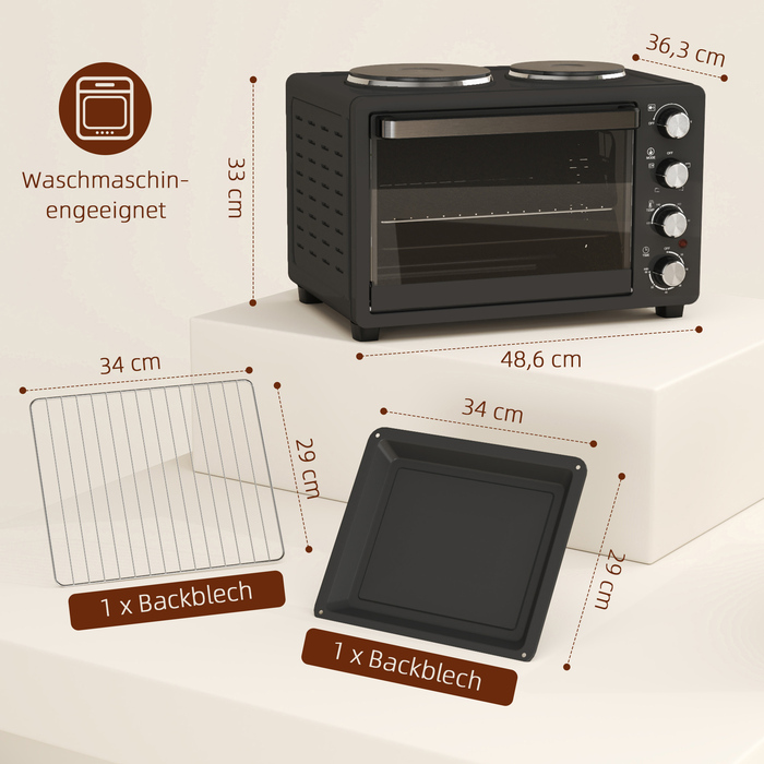 HOMCOM 28L Mini Oven 2600W Mini Oven 100-230℃ 60 Min. Timer, with 2 Warming Plates, Baking Tray and Grill Rack Pizza Oven with Crumb Tray, Tabletop Handle Black | Aosom