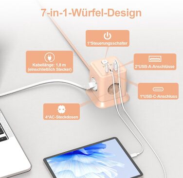 FDTEK Розетка-спінер з USB-C та USB-A, 7 розеток, 2500W/10A, з вимикачем, 1.8м кабель, рожевий