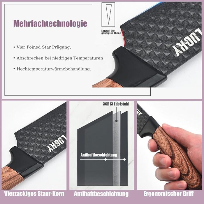 Набір ножів Messer Set 6 предметів, чорний, з підставкою, з нержавіючої сталі, антипригарне покриття, для кухні, ресторану, пікніка