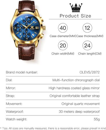 Чоловічий годинник-хронограф OLEVS 2872: кварцовий механізм, підсвічування, синій циферблат та шкіряний ремінець