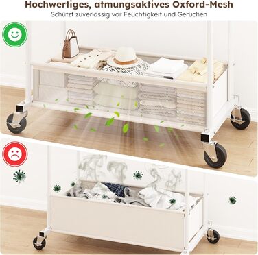 Подвійний мобільний вішак для одягу з кошиком для білизни, металевий (110 кг), білий - міцний вішак для пальт, суконь, светрів