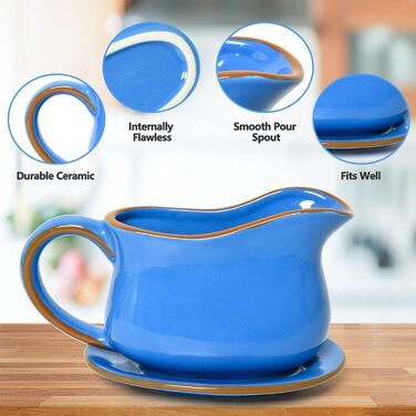 Porcelain sauce dish with drip-free spout for sauces, ceramic, for warming sauces, salad dressings, milk and more, microwave and dishwasher safe, (Ceylon Blue)