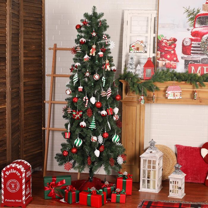 Набір прикрас на ялинку Shareconn 65 шт. з пластику, міцні ялинкові кулі з мотузкою, різного розміру та дизайну, декор для ялинки, червоний та білий (червоний, зелений, білий)