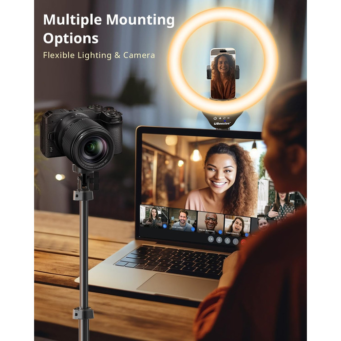 Ringlicht UBeesize 12 дюймів з триподом, 62 дюйми, для відео та стрімінгу, сумісний з телефонами, камерами, веб-камерами, сенсорне керування, білий, теплий, денне світло