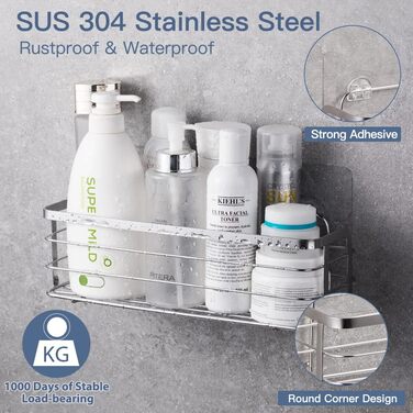 Avoalre Shower Caddy, Stainless Steel Shower Shelf, No Drilling Required, Shower Basket with Strong Adhesive, 2 Pack, Lightweight Shower Shelf with 1 Movable Suction Hook