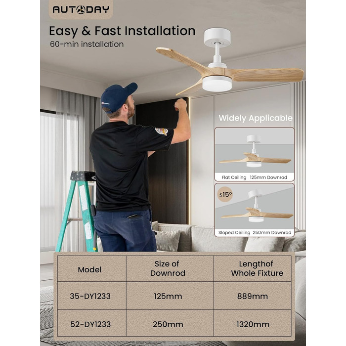 Стеляний вентилятор Holz з підсвіткою, тихий DC-двигун, 90 см, для вулиці, 3 дерев'яних лопаті, диммування LED 24W, пульт з пам'яттю, 6 швидкостей, таймер (світла текстура дерева, 75 см)