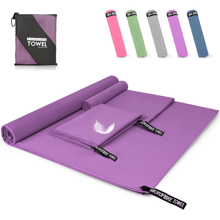 Набір рушників з мікрофібри (3 шт.): 180x80 см + 2 шт. 80x40 см. Ідеально для фітнесу, сауни, пляжу, подорожей. Темно-зелений (фіолетовий)