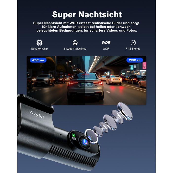 Відеореєстратор Avylet 4K+1080P з двома камерами (передня та задня), Wi-Fi, GPS, IPS дисплеєм, паркувальною функцією, Super Night Vision, WDR, 170° кутом огляду, G-сенсором, підтримка карт пам'яті до 256GB