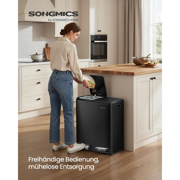 Сміттєвий відер SONGMICS PARY LTB160EZ01 для кухні, 2 відсіки по 30 л, нержавіюча сталь, кришка Softclose, педальний механізм, чорний