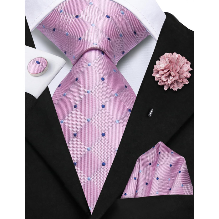 Чоловіча краватка Hi-Tie чорно-рожевого кольору з візерунком пає, смужки, крапки. Комплект з краватки та нагрудного хустинки. Ідеально для вечірок, весіль, офіційних заходів та бізнесу.