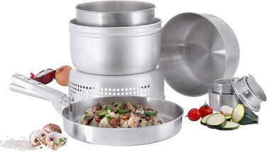 Набір для кемпінгу Tatonka Multi Set + Spiritus Burner (8 предметів) - кухонне приладдя з нержавіючої сталі з пальниковим пальником (сковорода, 2 казани, затискний тримач, вітрозахист, рамка для приготування їжі та пальник)