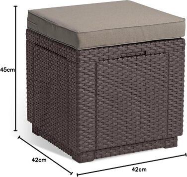 Табурет Allibert Cube з місцем для зберігання, коричневий, подушка, знімна кришка, плоский ротанг, для вулиці, 42x42x39 см
