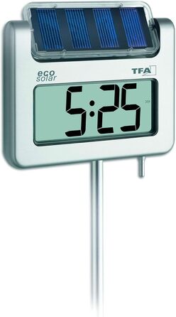 TFA Dostmann Avenue Digital Solar Garden Thermometer, 30.2026, with Light Sensor, Time Display, High/Low Values, Height 1145mm, Silver