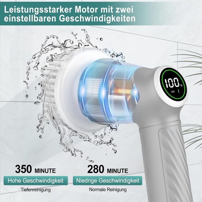 Електрична щітка для прибирання 7 в 1 з регульованою ручкою, змінними насадками, 2 швидкості, для ванни, плитки, IPX7, білий/сірий колір