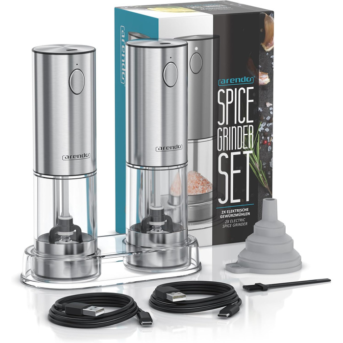Електричні млини для спецій Arendo – набір з солі та перцю, нержавіюча сталь, керамічний механізм, LED-підсвічування, акумулятор, щітка та воронка
