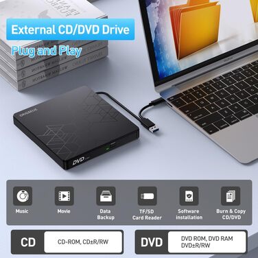 Зовнішній DVD-записувач ORIGBELIE 6 в 1, USB 3.0 CD/DVD ROM +/-RW привід для ноутбука, ПК, Mac OS, Windows 11/10/8/7, Linux