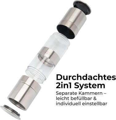 Мельниця для солі та перцю 2-в-1 з нержавіючої сталі | Ручна мельниця для спецій з керамічним жорном та регульованим ступенем помелу