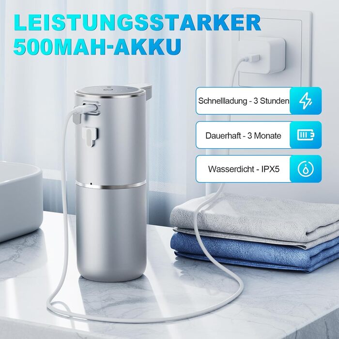 Amyzavls Automatic Soap Dispenser, 380ml Wall Mount Touchless Electric Soap Dispenser with Sensor, USB Rechargeable Foam Soap Dispenser for Bathroom, Kitchen, Office Silver