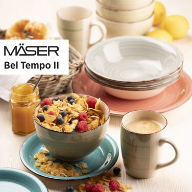 MÄSER 931951 Bel Tempo II, 12-piece tableware set for 6 people with a modern vintage look, hand-painted in the Berry purple hue, stoneware.