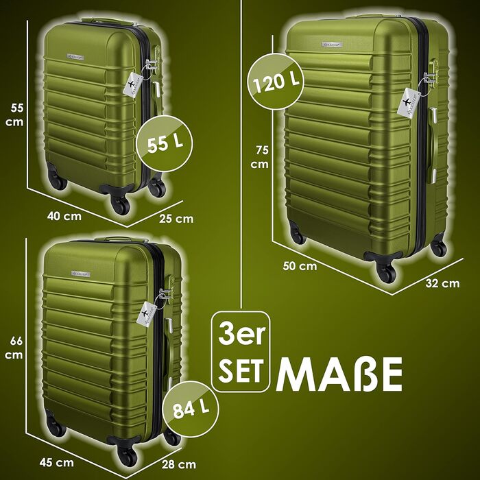 KESSER® 3-Piece Hard Shell Luggage Set - Hard Shell Suitcase - Trolley Case - Travel Suitcase - Luggage Set - Rolling Suitcase - Lock - 4 Wheels - ABS Hard Shell - Telescopic Handle - M-L-XL (Khaki)