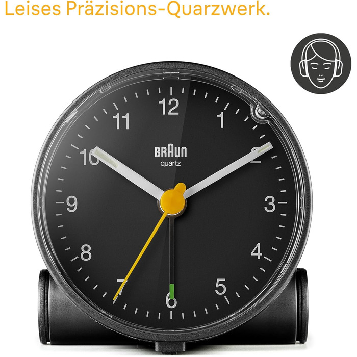 Braun Classic Analog Alarm Clock with Snooze Function and Light, Silent Quartz Movement, Crescendo Alarm in Black, Model BC01B.