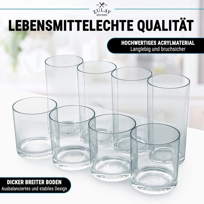 Zulay Unzerbrechlich Plastic Drinking Glasses, 8 Pack, Transparent, 4 each: 340 ml and 473 ml, Acrylic Cups for Kitchen – Unbreakable, BPA-free, Dishwasher Safe, Plastic Glasses Set