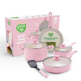 Набір посуду GreenLife Soft Grip 8 предметів: кераміка, антипригарне покриття, без PFAS, рожевий (Soft Pink) - для смаження, тушкування, соусів, зі скляними кришками та зручними ручками