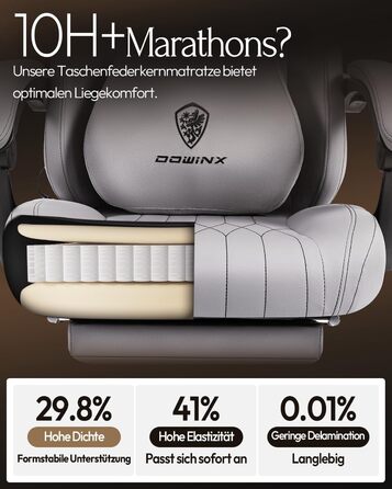 Ігрове крісло Dowinx з масажем, ергономічне, до 135 кг, сіре. Підтримка попереку та шиї, регулювання висоти, шкіра для дорослих