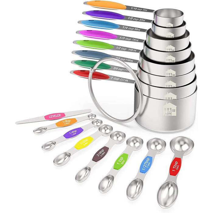 Wildone Measuring Cups and Magnetic Measuring Spoon Set, Stainless Steel, 16-Piece Set, 8 Measuring Cups, 7 Double-Sided Stackable Magnetic Measuring Spoons, 1 Leveler
