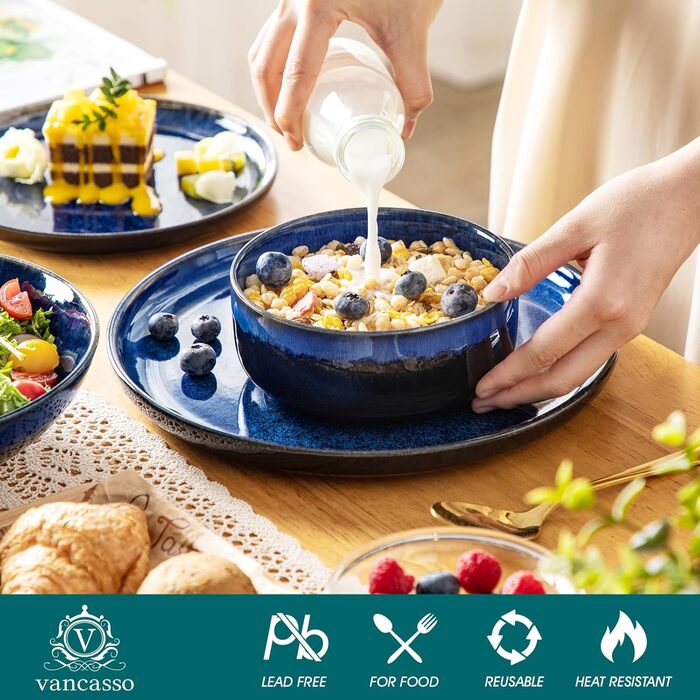 Vancasso Starry 24-Piece Blue Stoneware Dinnerware Set for 6 - Complete Tableware Set with Plates, Bowls