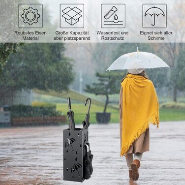 WOLTU Iron Umbrella Stand - Rectangular, 20x20x49cm - with Water Tray & 4 Hooks - Anthracite SST02an