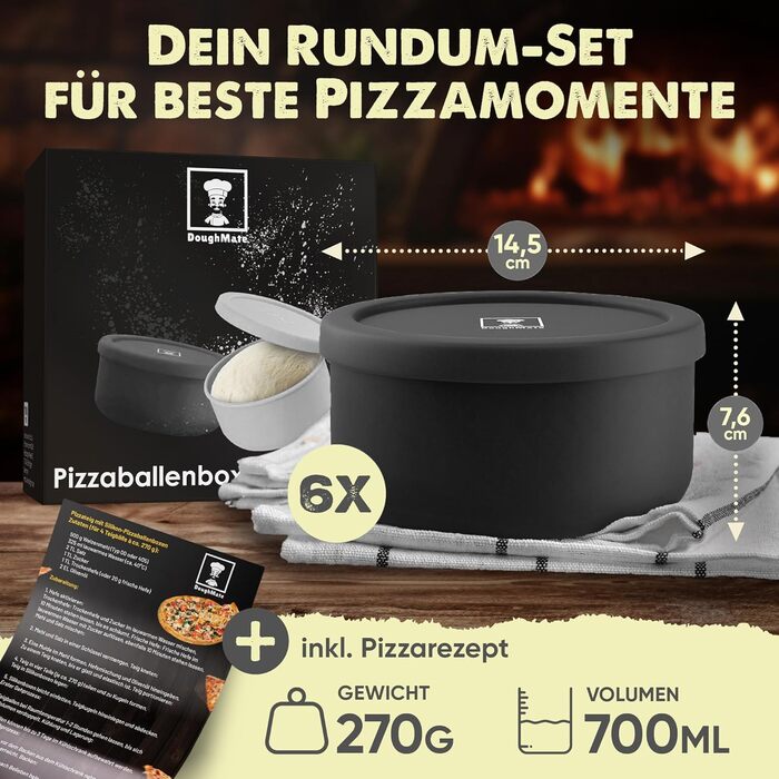 Pizza Ball Box with Lid, Set of 6 - Ideal as a pizza box, dough box, proofing box. Suitable for up to 350g of pizza dough. Non-stick silicone, freezer and dishwasher safe, food grade.