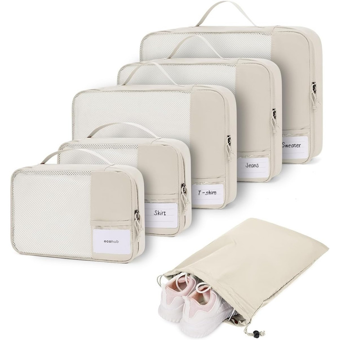 ECOHUB Luggage Organizer Set, 6-Piece Packing Cubes with ID Tag, Recycled Packing Cubes for Travel, Lightweight Packing Bags for Suitcases, Breathable Travel Backpack Organizer, Patent Pending (Beige)