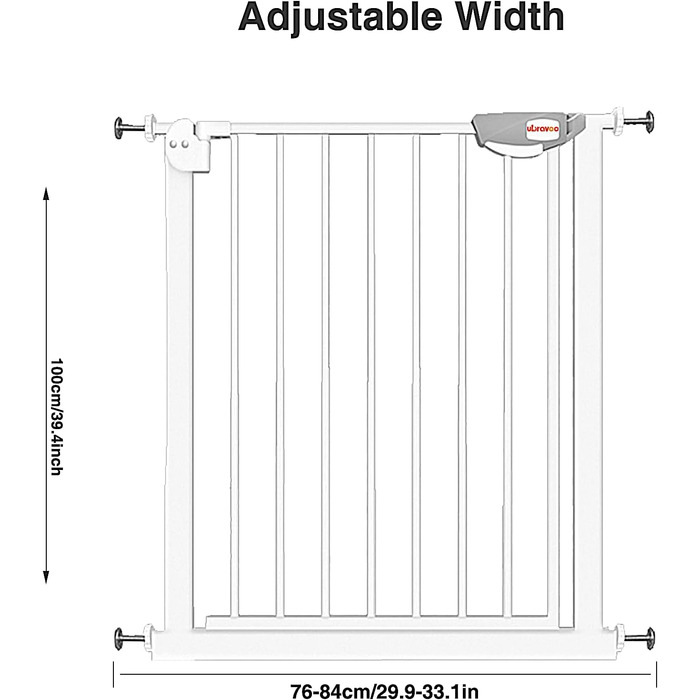 Захист для дверей та сходів UBRAVOO Babygitter, 100 см, безпечне дитяче ворота, автоматичне закриття, трикратне блокування, білий, ширина 76-84 см