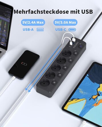 Мережевий фільтр 9-в-1 з індивідуальним вимикачем, 5 розеток, 4 USB-порти (3680W, 16A), захист від перенапруги 1050 Дж, настінний монтаж, 2 м кабель - для дому, офісу та подорожей, чорний