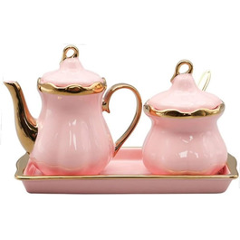 Ceramic Milk Pitcher and Sugar Bowl Set, Sugar Container, Milk Canister with Tray, Spice Jar with Lid and Spoon, Creamer, Coffee Service Set for Home, Cafe, Bar (Pink)