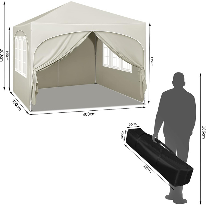 WOLTU Gazebo, Folding Gazebo 3x3 m, with 4 Side Walls, Party Tent Waterproof UV Protection 50+, Adjustable Height Garden Gazebo, with Carry Bag, for Outdoor Garden Camping (Beige)