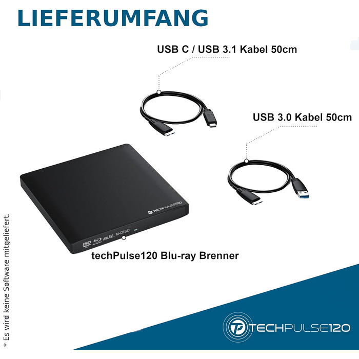 Зовнішній Blu-ray привід techPulse120 USB 3.0 Type-C, запис 3D M-Disc BDXL 100GB, Slim Superdrive для ноутбуків та ПК (Windows, MacOS, MacBook, iMac), алюміній, чорний