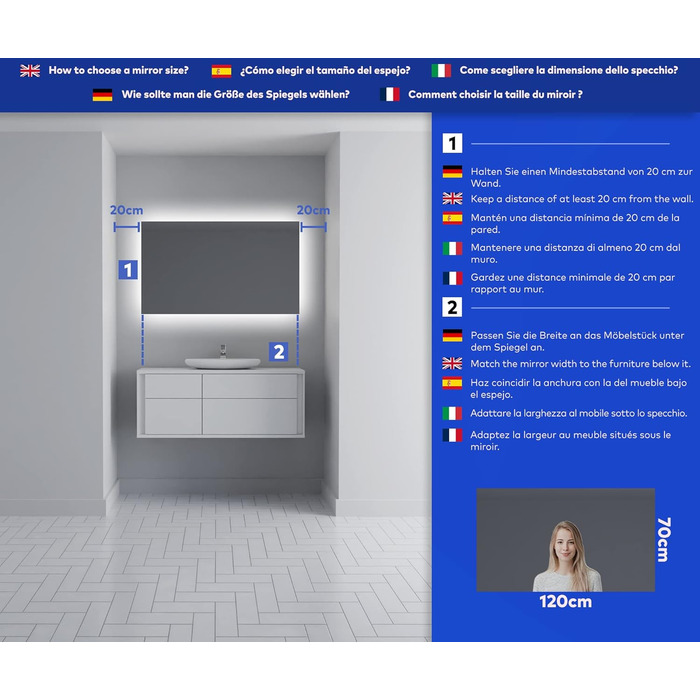 Дзеркало для ванної кімнати Artforma з підсвічуванням, 120x70 см, без рами, сучасний дизайн, виготовлення на замовлення