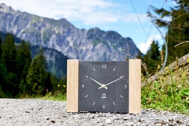 Wall clock, Matterhorn design, wood, oak, light stone, slate (Black/limed oak - radio controlled) (Quartz movement)