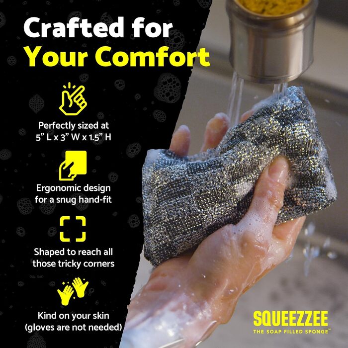 Squeezzee Soap-Filled Sponges – Scratch-Resistant Scrub Sponge with Built-in Dish Soap – Double-Sided Kitchen and Household Cleaning Sponges – Up to 300 Washes Per Sponge – 6 Pack