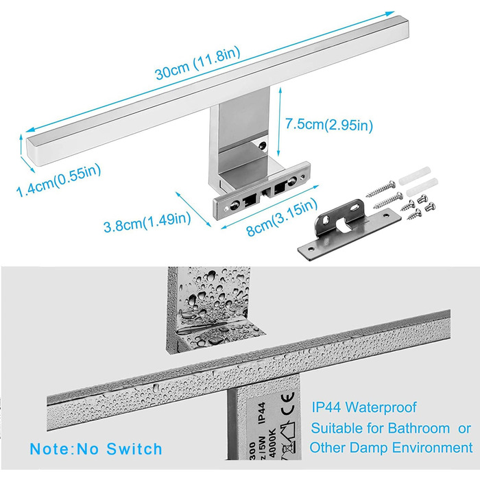 Azhien LED Mirror Light Bathroom 10W 820LM Neutral White 4000K, Slim 14mm Width 3in1 Mounting IP44 230V Wall Light Mirror Lamp 600mm, Flicker-Free Bathroom Vanity Mirror Lights (30cm)