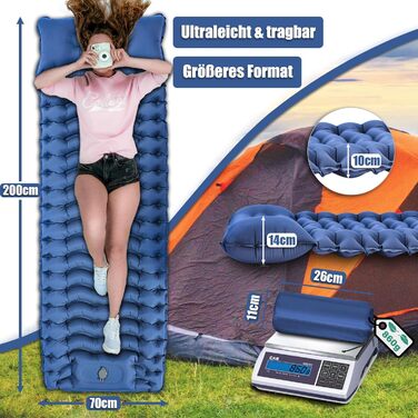 Надувна туристична матрац Holwim Isomatte з самонадуваванням, самостійно надувається, з подушкою та насосом, ультралегка, компактна, для кемпінгу, блакитна