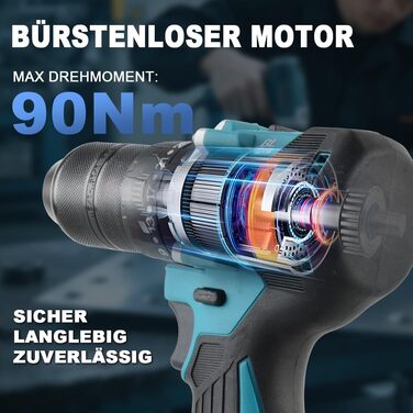 Акумуляторний ударний дриль-шуруповерт сумісний з Makita 18V, 13 мм, безщітковий, 35+3 ступені крутного моменту, 90 Н.м, 2 регульовані ступені, акумуляторний шуруповерт з 3 насадками (без акумулятора)